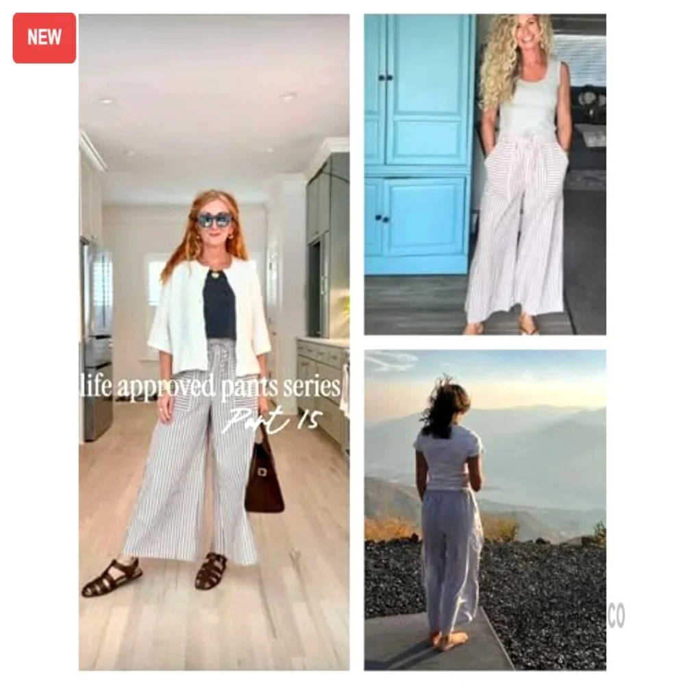 Wide Leg Palazzo Pants with Drawstring Waist and Pockets, Cotton - Picture 6 of 7